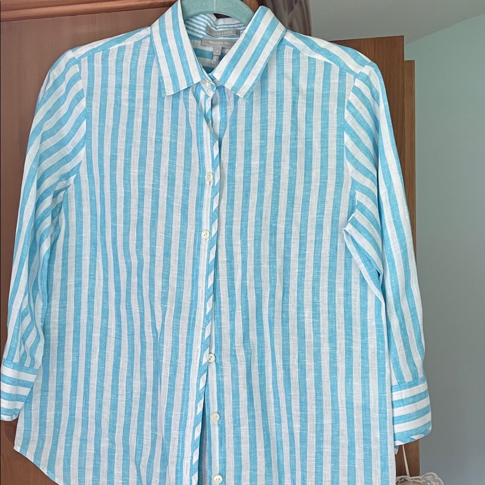 Light Blue and White Striped Button-Up Blouse